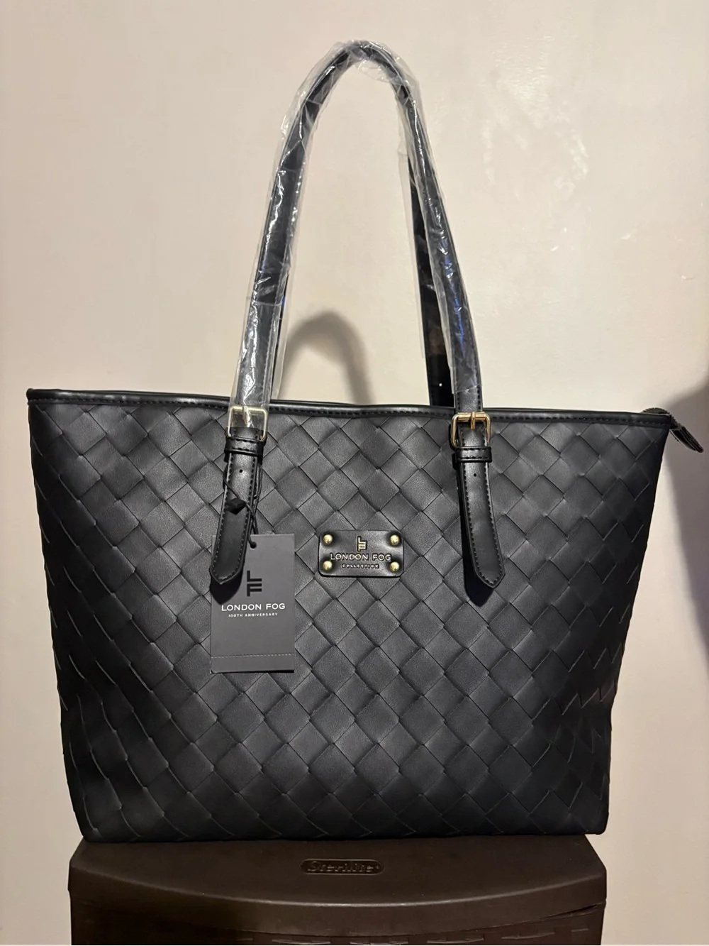 London Fog kylar woven tote Black Woven Tote with Gold Hardware